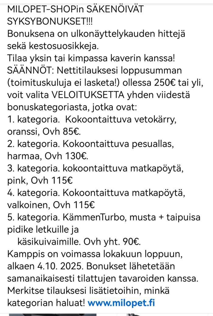 SÄKENÖIVÄT SYKSYBONUKSET, 250€ ja yli TILAUKSILLE!!!
